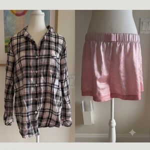 BUNDLE Victoria's Secret Plaid Flannel Top Satin Shorts L & Pink Pajama Top M